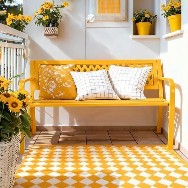 Patio Outdoor Park Loveseat Bench for Garden Porch Deck Made Cast Iron Anti-Rust Aluminum Metal, 2-3 Seater Aluminium Steel (Yellow Mesh)