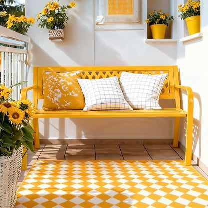 Patio Outdoor Park Loveseat Bench for Garden Porch Deck Made Cast Iron Anti-Rust Aluminum Metal, 2-3 Seater Aluminium Steel (Yellow Mesh)