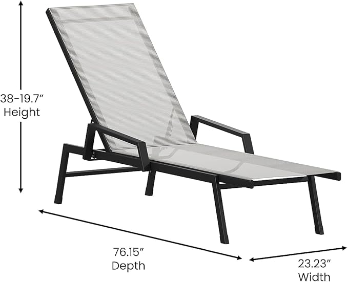 Flash Furniture Brazos Set of 2 Adjustable Chaise Lounge Chairs with Arms, All-Weather Outdoor Five-Position Recliners, Black/Gray