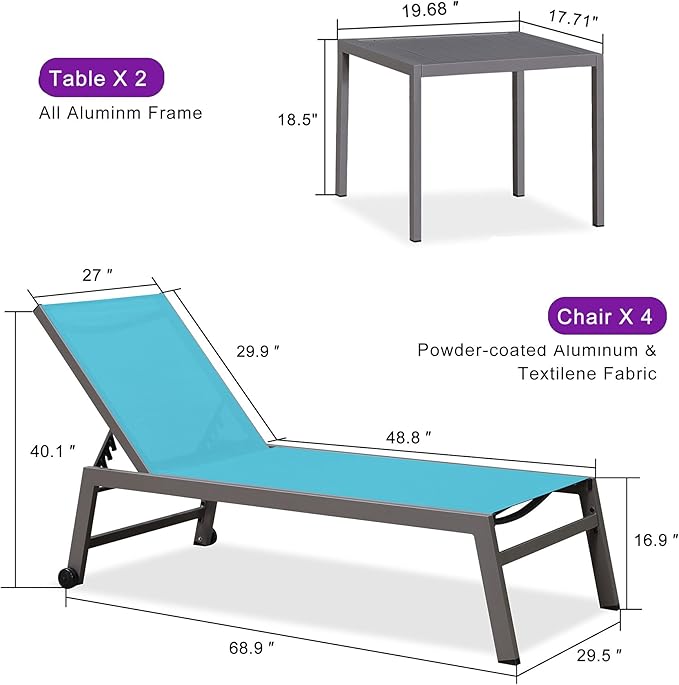 PURPLE LEAF 6-Piece Outdoor Chaise Lounge Oversized Pool Lounge Chairs with Easy-to-Move Wheels and Adjustable Backrest - Photo 7
