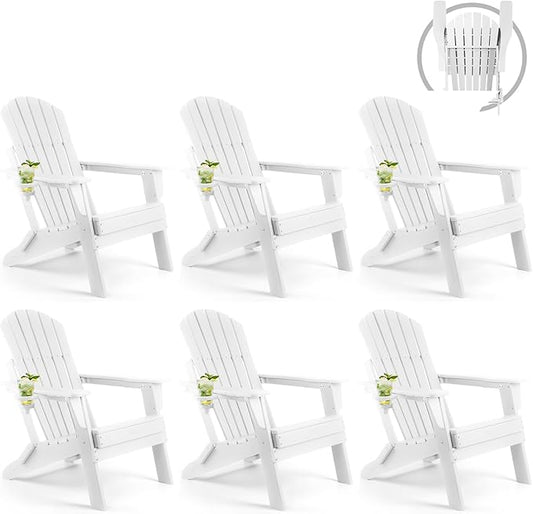 FUNBERRY Folding Adirondack Chair Set of 6, All Weather HDPE Fire Pit Chairs with Cup Holder for Outdoor