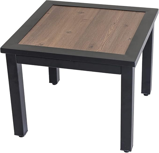 Festival Depot Metal Outdoor Square Patio Bistro Dining End Table with Wood-Like Aluminum-Plastic Top and Black Steel Legs (19"x19"x16")