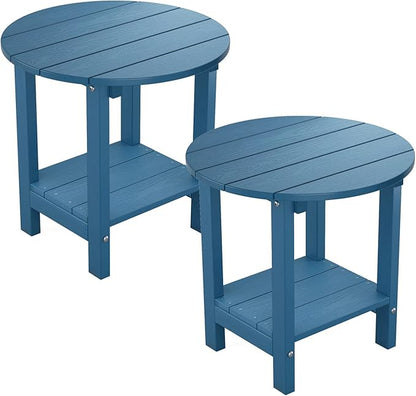 MXIMU Round Outdoor Side Table Adirondack Tables 18 Inch Chairside End Tables with Storage Shelf, 2-Tier Plastic Patio Side Table, Weather Resistant for Balcony Backyard Lawn (Navy, 2 Pack)
