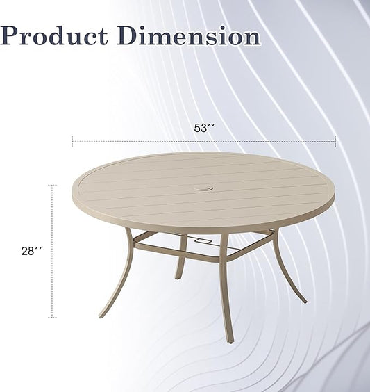 Outdoor Dining Table for 8, 53" Round Outdoor Table with Adjustable Umbrella Hole, All-Weather Metal Patio Dining Table for Lawn Garden Backyard Deck, Sandshell