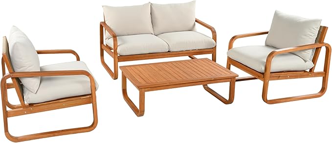 Merax Outdoor 4-Piece Acacia Wood Conversation Set - Patio 2-Seat Loveseat Sofa w/Coushion - Photo 4