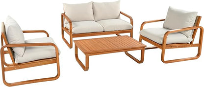 Merax Outdoor 4-Piece Acacia Wood Conversation Set - Patio 2-Seat Loveseat Sofa w/Coushion, 2 Armchair and Square Coffee Table for Backyard, Lawn, Balcony, Beige + Natural