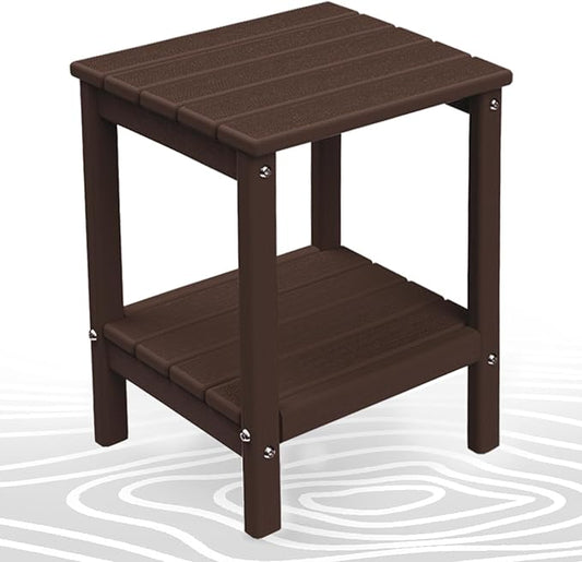BRIOPAWS Outdoor-Side-Table | Small | Brownwood Grain | HDPE Plastic | Patio End-Table | 2-Shelf Adirondack Outside Tables | All Weather | for Poolside Front Porch Indoor Living Room | 14" x 13"