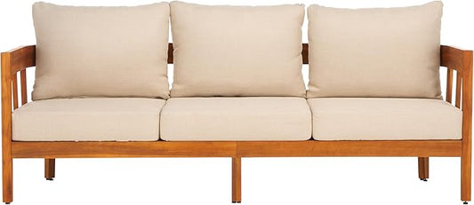 SAFAVIEH Outdoor Collection Owen Acacia Solid Wood Natural/Taupe Cushion 3-Seater Sofa