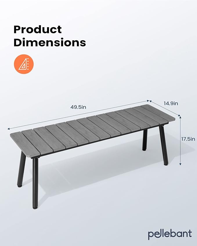 Pellebant Outdoor Dining Bench，50 Inch Long Patio Picnic Bench for 3 People，Wood Plastic Composite Board with Aluminum Legs,for Patio, Garden, Lawn, Deck, Porch and Yard, Dark Grey