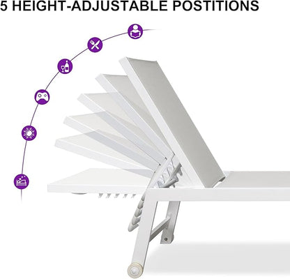 PURPLE LEAF Oversize Chaise Lounge Chair Outdoor 2 Pieces White Aluminum Lounge Chair with Wheels and Table for Pool Deck Patio, Ivory