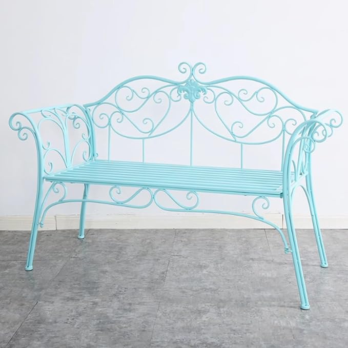 Metal Garden Bench, 52 in Outdoor Benches Weatherproof with Backrest and Armrests, 2 Seats Patio Benches for Front Porch, Patio, Park, Yard(Blue)