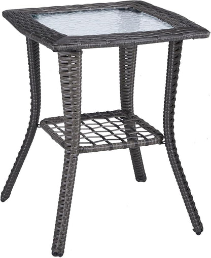 VINGLI Outdoor Side Table with Storage Wicker Patio Side Table, Tempered Glass Top End Table for Balcony Porch Deck (Grey)