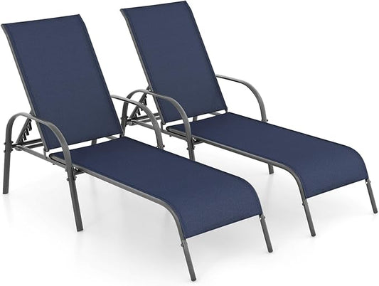COSTWAY Outdoor Lounge Chairs Set of 2, Patio Chaise Lounge Recliner with Heavy Duty Steel Frame, 5-Position Adjustable Backrest for Deck, Beach, Pool (2, Navy)
