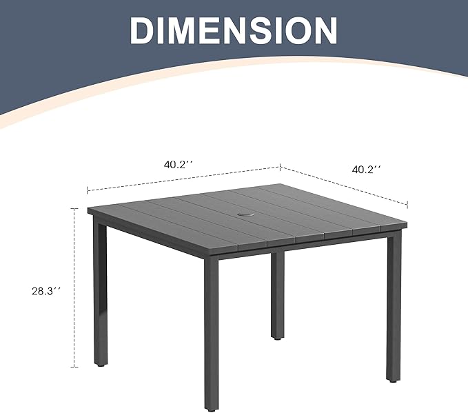 VICLLAX Outdoor Patio Dining Table for 4, Metal Square Patio Table with Umbrella Hole for Backyard Porch, Dark Grey 40.2"