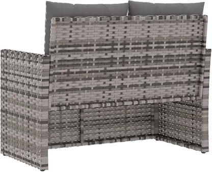 Modern Grey Poly Rattan Garden Bench with Cushions, Durable Outdoor Patio Bench for Two, Rectangular Steel Frame Design for Balcony and Terrace Seating