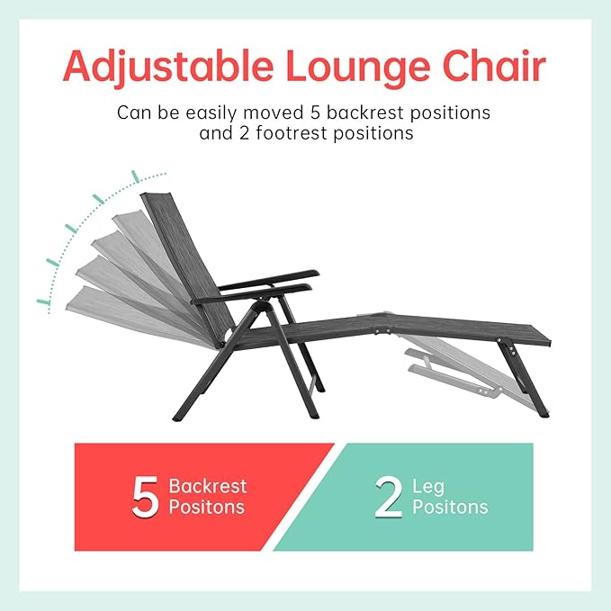 Patio Lounge Chair Chaise Lounges Patio Folding Lounge Chairs for Outside Patio Pool Beach Yard with Adjustable Reclining Lounge Chairs Set of 2 - Gery