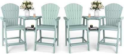 FOOWIN Tall Adirondack Chair Set of 4, All Weather HDPE Bar Height Adirondack Chair with Double Connecting Trays, Adirondack Barstools for Balcony, Deck, Backyard, Patio, Garden Aruban Blue