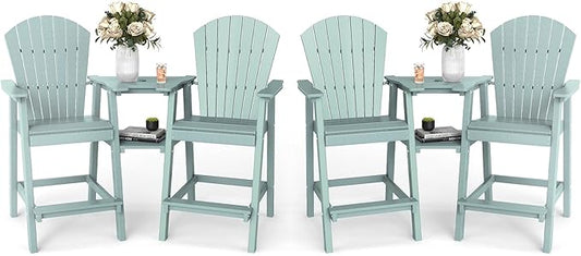 FOOWIN Tall Adirondack Chair Set of 4, All Weather HDPE Bar Height Adirondack Chair with Double Connecting Trays, Adirondack Barstools for Balcony, Deck, Backyard, Patio, Garden Aruban Blue