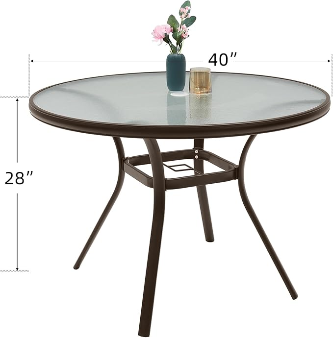 Round Outdoor Dining Table for 4 Person, 40 inch Glass Top, Brown Powder-Coated Frame with Umbrella Hole Outdoor Furniture
