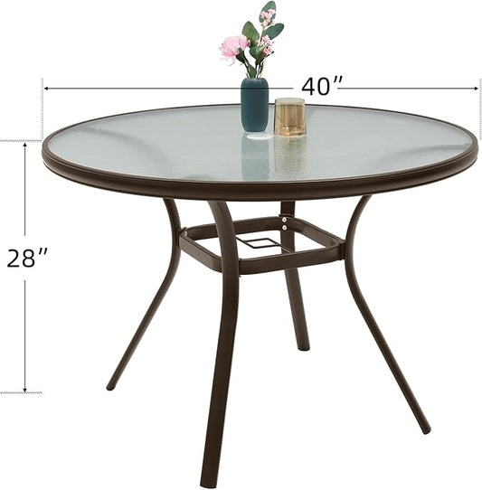 Round Outdoor Dining Table for 4 Person, 40 inch Glass Top, Brown Powder-Coated Frame with Umbrella Hole Outdoor Furniture