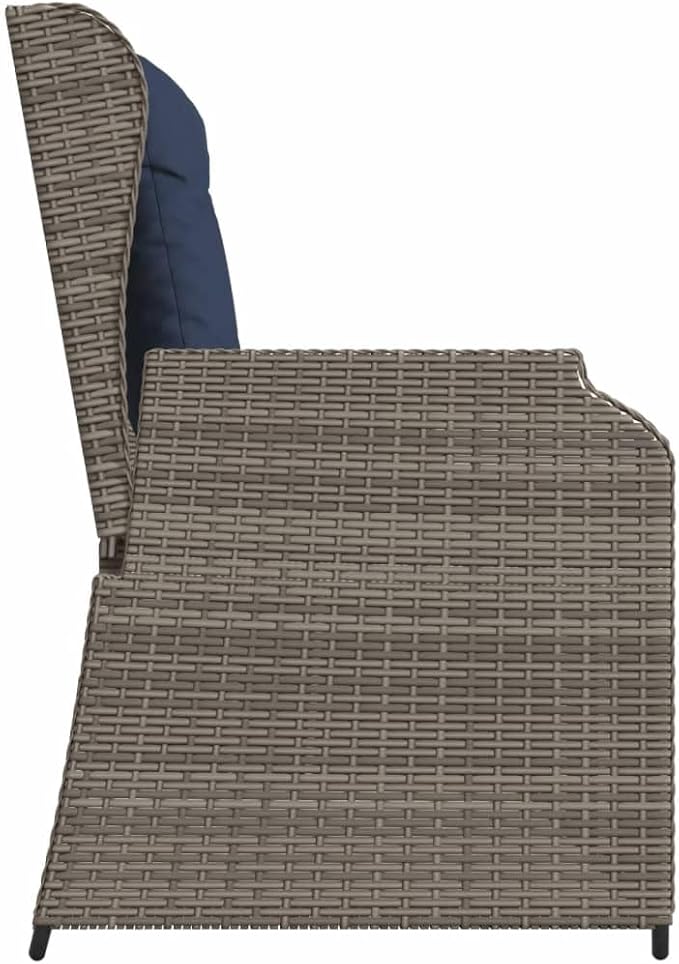 2-Seater Reclining Patio Bench with Cushions, Outdoor Garden Loveseat with Adjustable Backrest and Armrests, Grey PE Rattan Furniture for Balcony, Porch, and Terrace