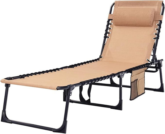 Folding Chaise Lounge Chair Bed - Heavy-Duty 400lb Capacity Portable Adjustable Recliner w/Pillow for Patio, Pool, Camping, Sunbathing - Lay Flat Design (Beige)