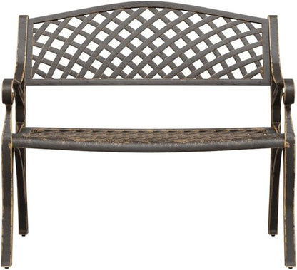 Traditional Bronze Garden Bench Cast Iron Outdoor Seating with Floral Design Antique Finish 40.2 Inch Long Durable Patio Furniture for Two Adults