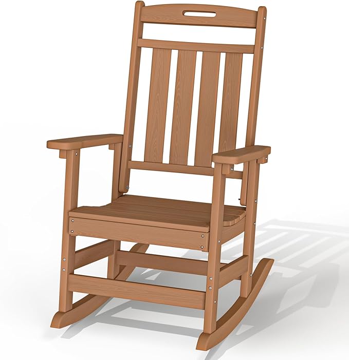 Plawdlik Oversized Outdoor Rocking Chair - All-Weather Resistant,HDPE Heavy Duty Patio Rockers with High Back - Perfect for Porch, Lawn, Garden, Modern Style,Teak
