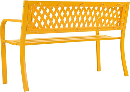 47 Inch Outdoor Garden Bench, Metal Patio Bench with PVC Mesh Backrest and Curved Armrests, 2-Person Yellow Park Bench for Porch, Backyard and Lawn, 500 lbs Weight Capacity