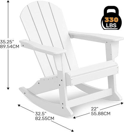 Costaelm Outdoor Adirondack Chair, All Weather Resistant Classic Balcony Chair and Fire Pit Chairs, Adirondack Plastic Outdoor Porch Furniture Rocking Chair High Back HDPE Poly Lumber, White