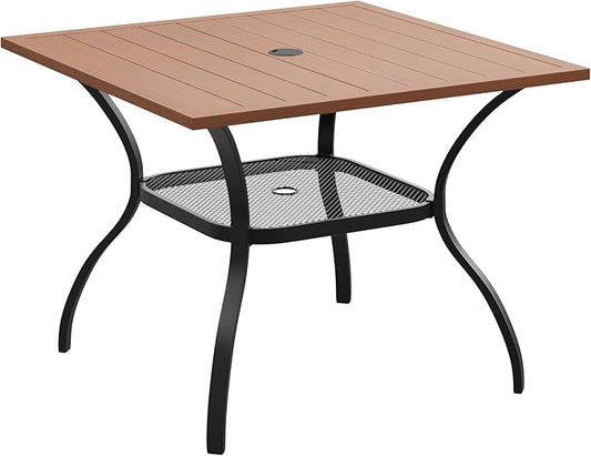 DIFY Outdoor Dining Table, Patio Square Metal Dining Table with 1.57" Umbrella Hole for 4 Person, Ideal for Poolside, Deck, Garden and Balcony, Walnut