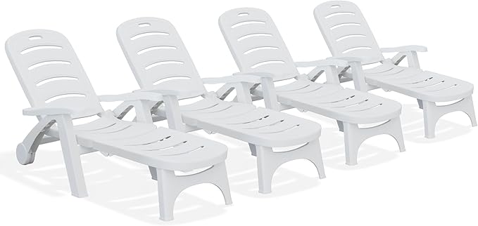 YITAHOME Outdoor Chaise Lounge on Wheels, Set of 4 PP Plastic Folding Patio Chairs with 5-Level Adjustable Backrest for Pool, Garden, Beach, Sunbathing, Yard, and Poolside Lounging
