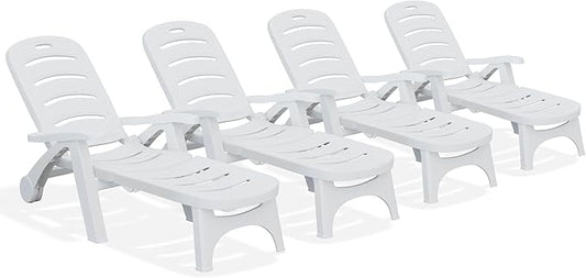 YITAHOME Outdoor Chaise Lounge on Wheels, Set of 4 PP Plastic Folding Patio Chairs with 5-Level Adjustable Backrest for Pool, Garden, Beach, Sunbathing, Yard, and Poolside Lounging