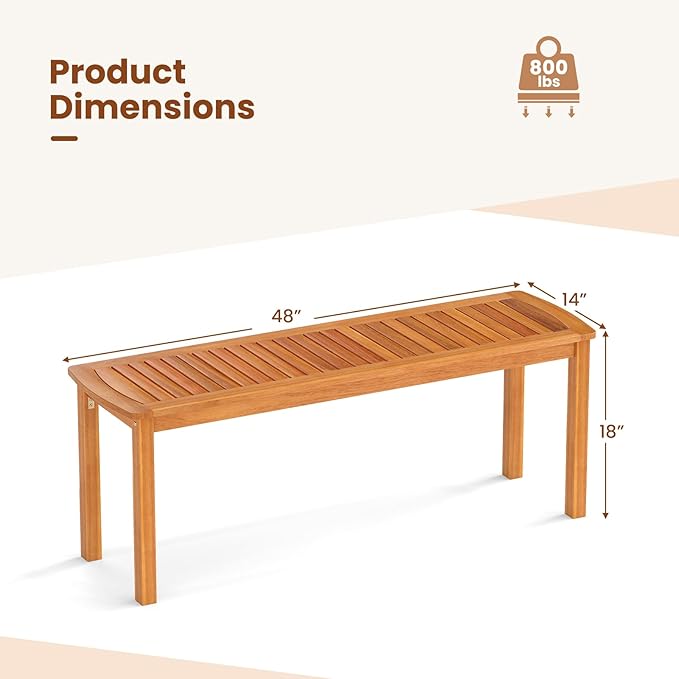 RELAX4LIFE Wood Patio Outdoor Bench - 48’’ Backless Acacia Wooden Dining Bench w/Slatted Seat, 2-Person Farmhouse Indoor Outside Furniture for Entryway Garden Park Porch Poolside, 800LBS Max Load (2)