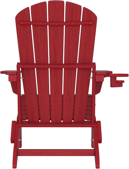 Plawdlik Folding Adirondack Chair Set of 6 with Cup Holder，Wooden Textured ，Heavy All-Weather HDPE Comfortable Set Poolside Backyard Lawn, Red