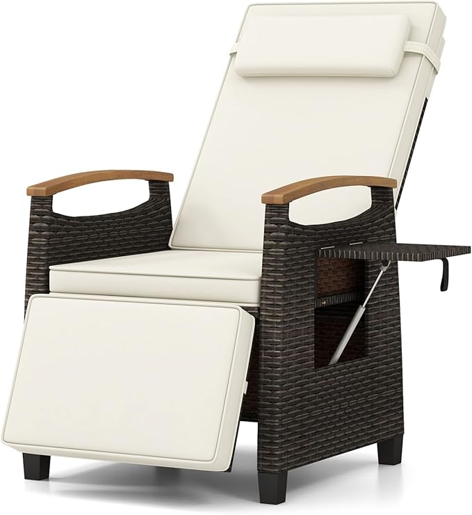 Tangkula Patio Wicker Recliner Chair, Rattan Lounge Chair w/Adjustable Backrest & Footrest, Flip Side Table, Push Back Reclining Seat w/Cushion for Backyard, Porch, Lawn (1, Off White)