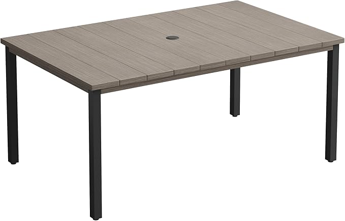 VICLLAX 63" Rectangle Outdoor Dining Table for 6, Patio Table with Umbrella Hole, All Weather Metal Patio Tables, Light Gray Tabletop