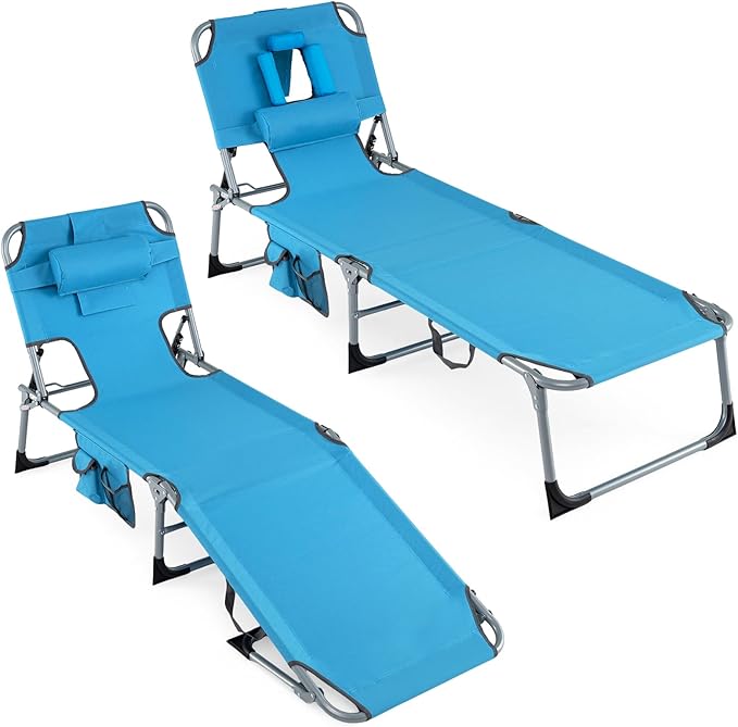 Giantex Face Down Tanning Chair, Folding Beach Lounge Chair w/ 4-Position Adjustable Backrest, Outdoor Sunbathing Lounge Chair w/Face Arm Holes & Storage Pocket for Patio Deck Poolside (2, Navy)