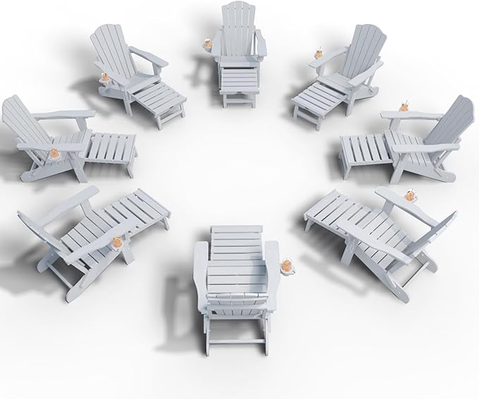 Adjustable Adirondack Chairs with Retractable Ottoman Set of 8, HDEP Folding Adirondack Chair with Footrest & Cup Holder, All Weather Fire Pit Chair for Outdoor,White
