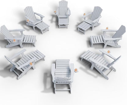 Adjustable Adirondack Chairs with Retractable Ottoman Set of 8, HDEP Folding Adirondack Chair with Footrest & Cup Holder, All Weather Fire Pit Chair for Outdoor,White