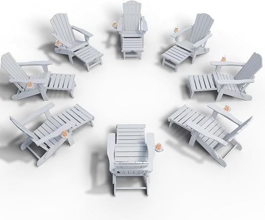 Adjustable Adirondack Chairs with Retractable Ottoman Set of 8, HDEP Folding Adirondack Chair with Footrest & Cup Holder, All Weather Fire Pit Chair for Outdoor,White
