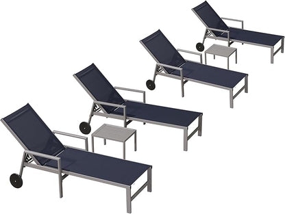 PURPLE LEAF Patio Chaise Lounge Set for 4 Outdoor Pool Lounge Chairs with Armrest and Adjustable Backrest Aluminum Reclining Sunbathing Tanning Chair for Outside Poolside Yard Balcony, Navy Blue