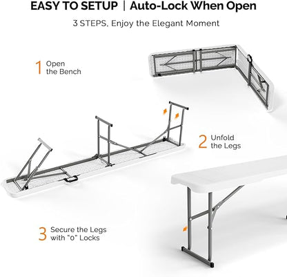 VINGLI 6 feet Plastic Folding Bench,Portable in/Outdoor Picnic Party Camping Dining Seat, Garden Soccer Multipurpose Entertaining Activities, Smooth HDPE Tabletop (1, White, 6ft)