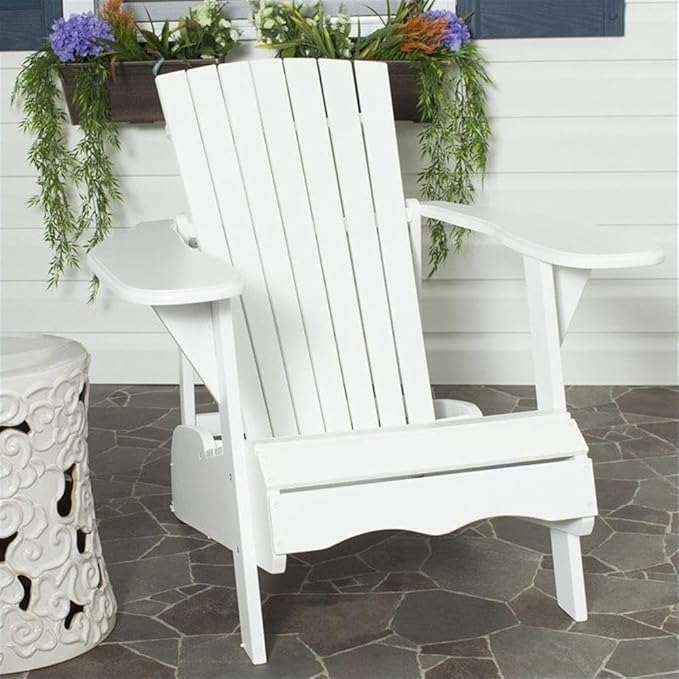 Pemberly Row Modern Acacia Adirondack Chair, White Finish, Slatted Back Design, Coastal-Inspired Outdoor Seating for Patio, Durable