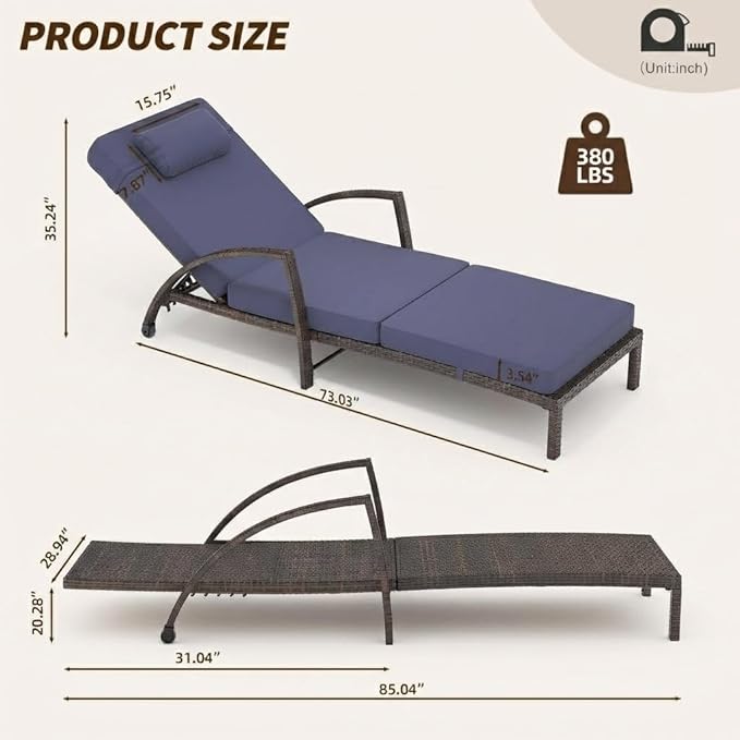 Outdoor Chaise Lounge Set of 2, 5-Position Adjustable PE Wicker Reclining Chairs with Wheels & 3.5" Cushions, 400 lbs Capacity All-Weather Patio Furniture for Poolside, Garden, Beach(Blue)