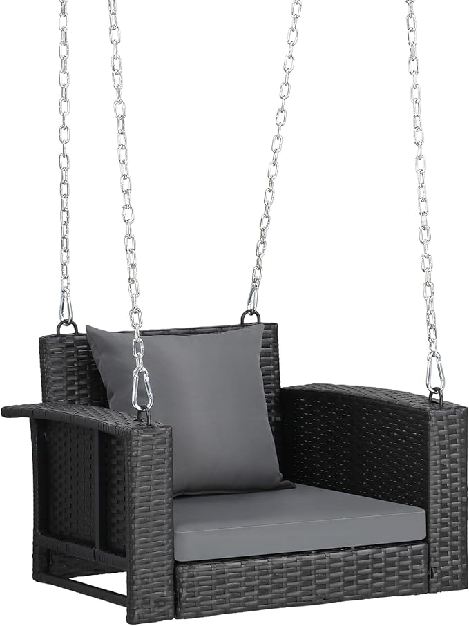 2 FT Wicker Porch Swing, Square Single Person Outdoor Hanging Swing Bench. Handwoven with Weatherproof PE Rattan - Photo 1