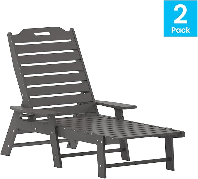Flash Furniture Monterey Adjustable Adirondack Loungers with Cup Holders- All-Weather Indoor/Outdoor HDPE Lounge Chairs, Set of 2, Gray