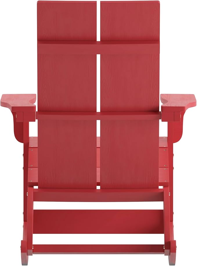 Flash Furniture Finn Modern Commercial Grade Poly Resin Wood Adirondack Rocking Chair - All Weather Red Polystyrene - Dual Slat Back - Stainless Steel Hardware