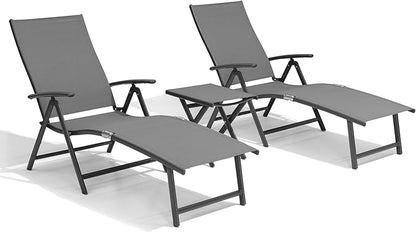 Crestlive Products 2PCS Chaise Lounge Chair Outdoor with 1PC Side Table, Aluminum Folding Patio Recliner Chair, Adjustable 8 Positions Assemble-Free