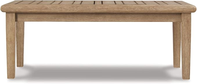 Signature Design by Ashley Gerianne Outdoor Coffee Table, Eucalyptus Wood With 5‑Step Protective Finish & Slatted Top for Rain Shedding, Durable for Outside Patio Use, Brown